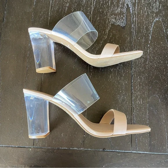 BP Naomi Clear Translucent Nude Block Heel Sandals Heels Party Size 10M - Picture 2 of 11